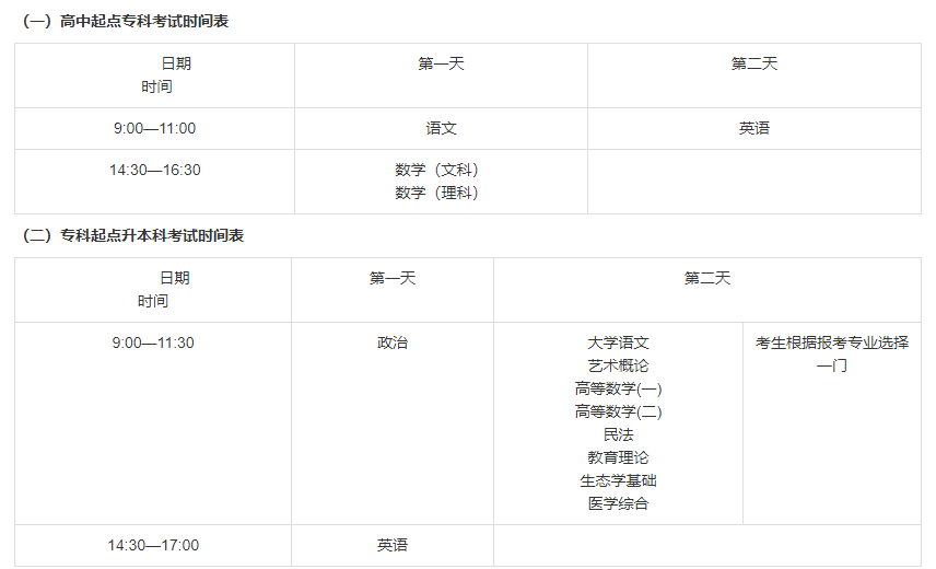 辽宁成人高考考试时间安排一览表